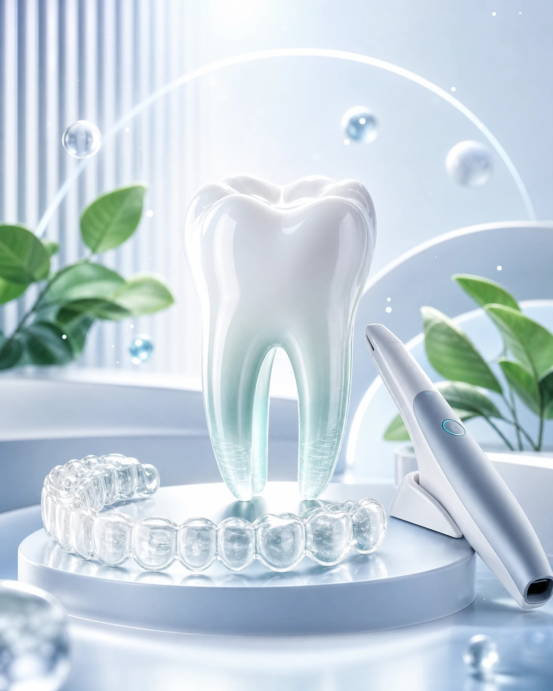 Three-dimensional dental visualization featuring a healthy tooth, clear aligner and digital scanner